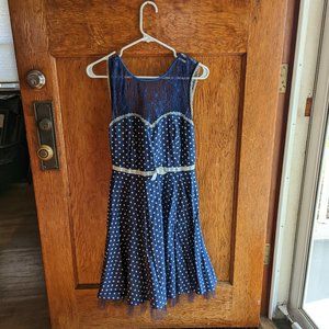 Navy and White Polka Dot with Lace Top Dress - Size Medium - ADORABLE and CLASSY